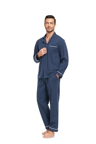 COLORFULLEAF Men's 100% Cotton Button Down Pajamas Set with Pockets