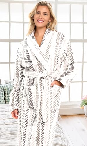 Women's Plush Long Robe in Monochrome Fern Stripe - XL