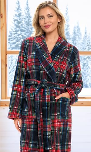 Women's Plush Long Robe - Classic Tartan Plaid Blue, Plus Size