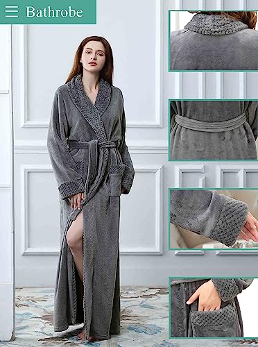 Artfasion Womens Long Fleece Robe - Warm Soft Floor Length Flannel Bathrobes for Winter Thicker Long House Coat with Pockets